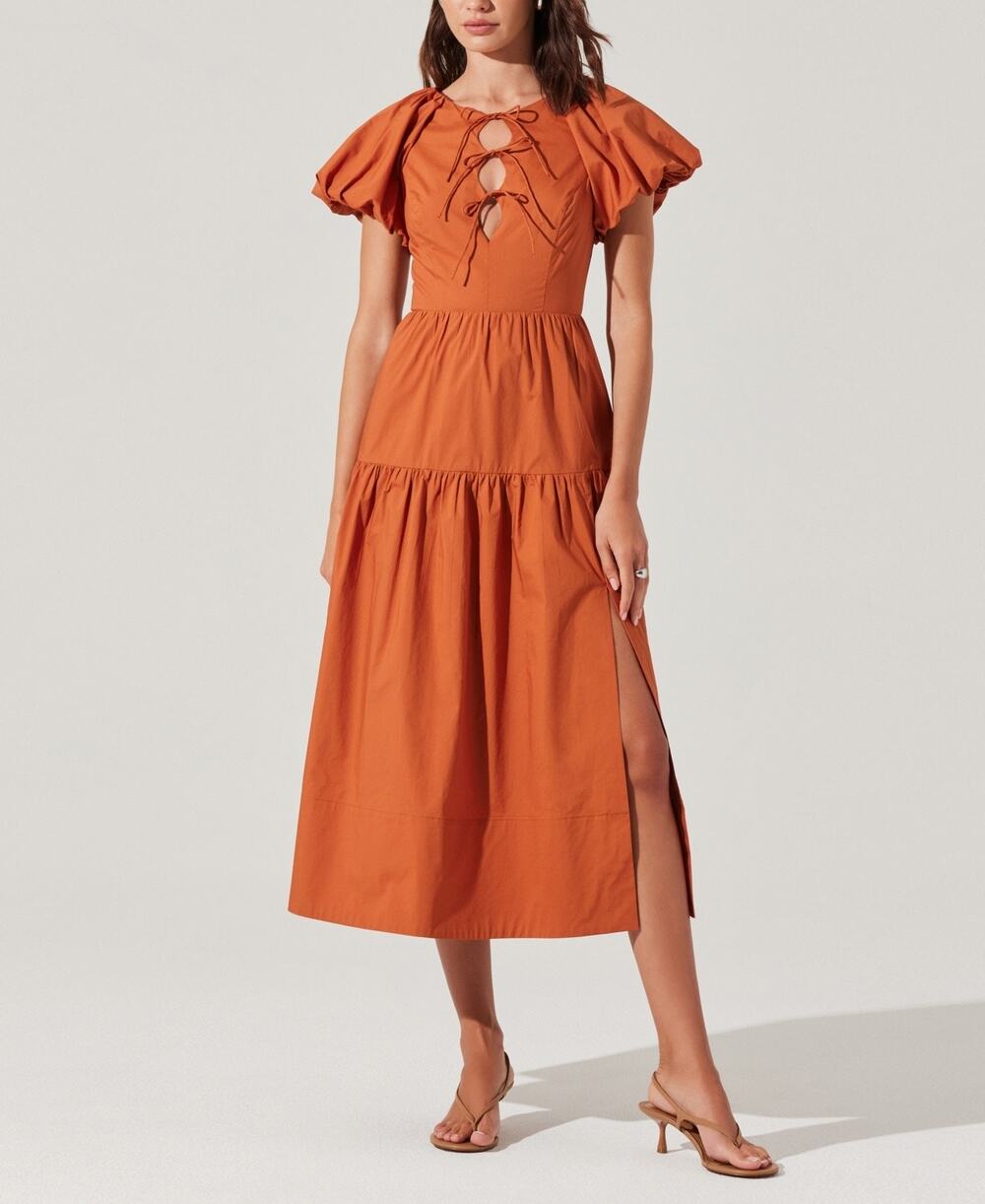 Astr the Label Aine Bow-Tie Puff-Sleeve Cotton Midi Dress Copper XL